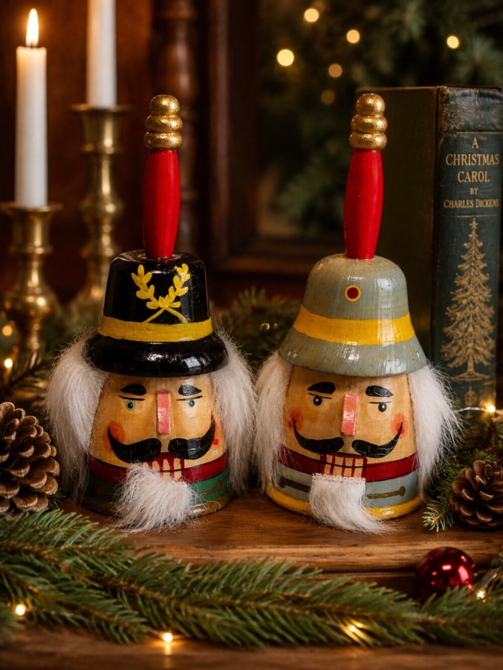 Vintage Wooden Nutcracker Christmas Hand Bells – Set of 2 – Made in China